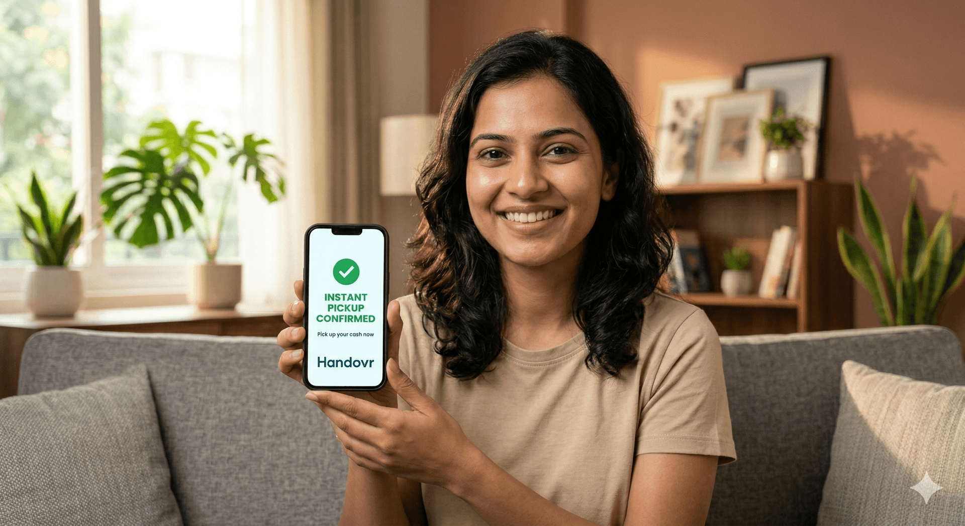 Girl holding Handovr phone centered