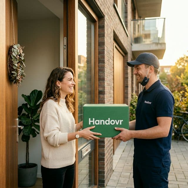 Customer receiving phone from Handovr in green box